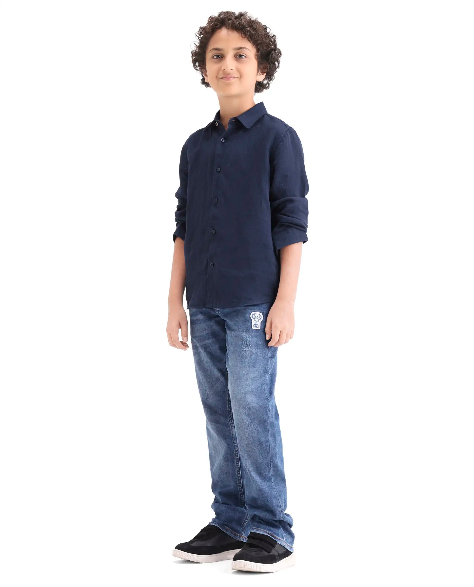 Rare Ones Boys Dino Blue Regular Fit Cotton Blend Denim Pant
