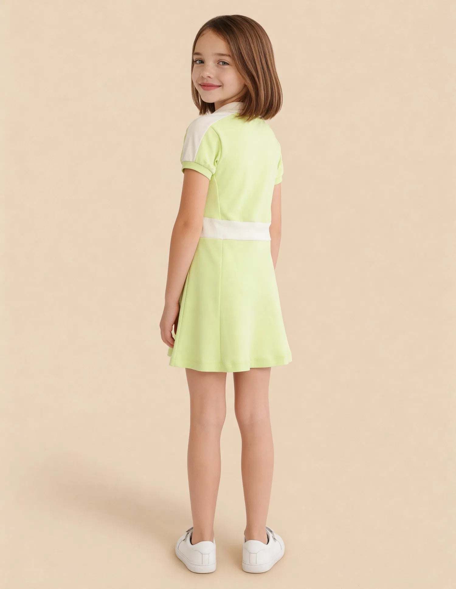 Girls Light Green Cotton Solid A-Line Polo Dress