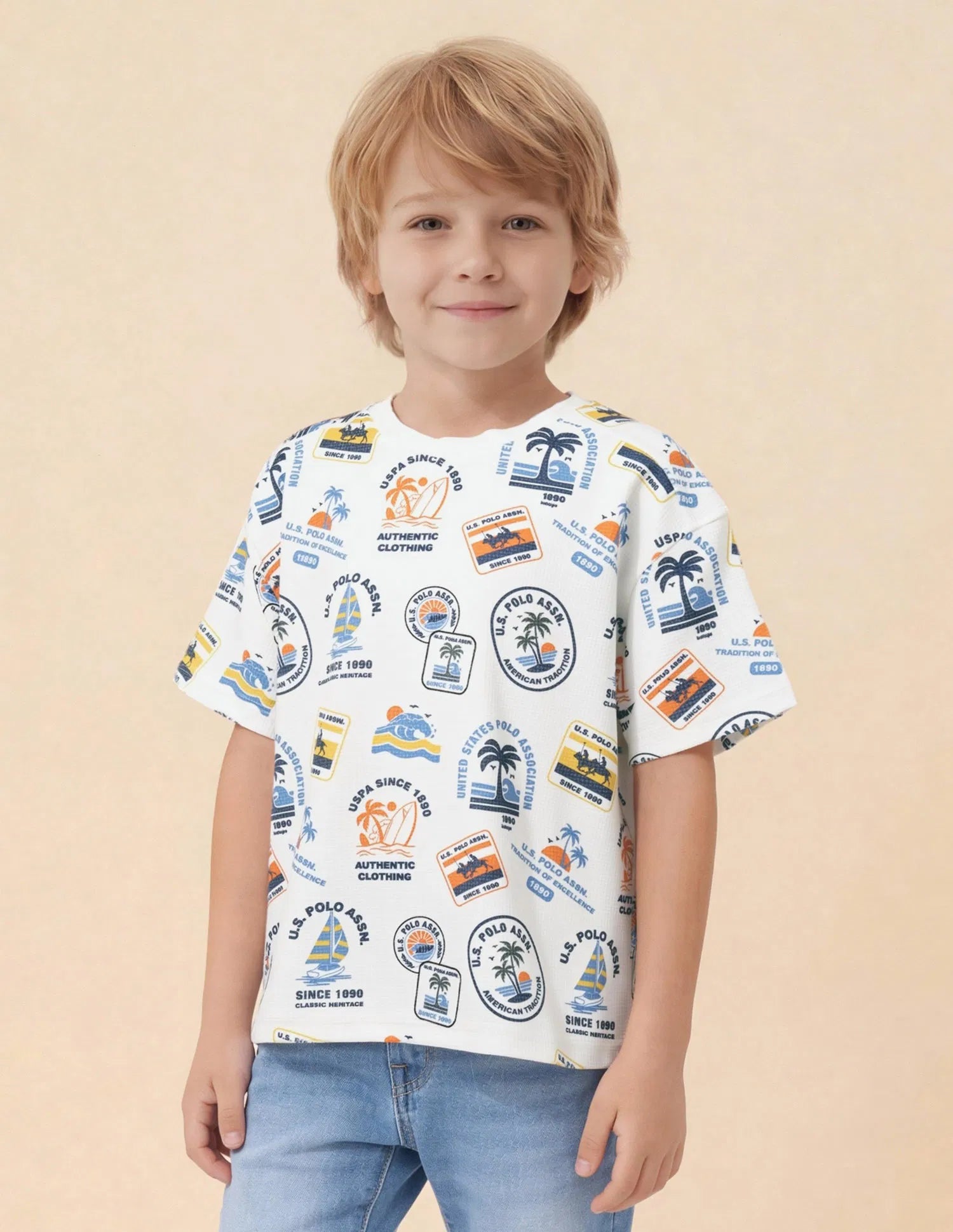 Boys White Cotton Blend Graphic Oversized Fit T-Shirt
