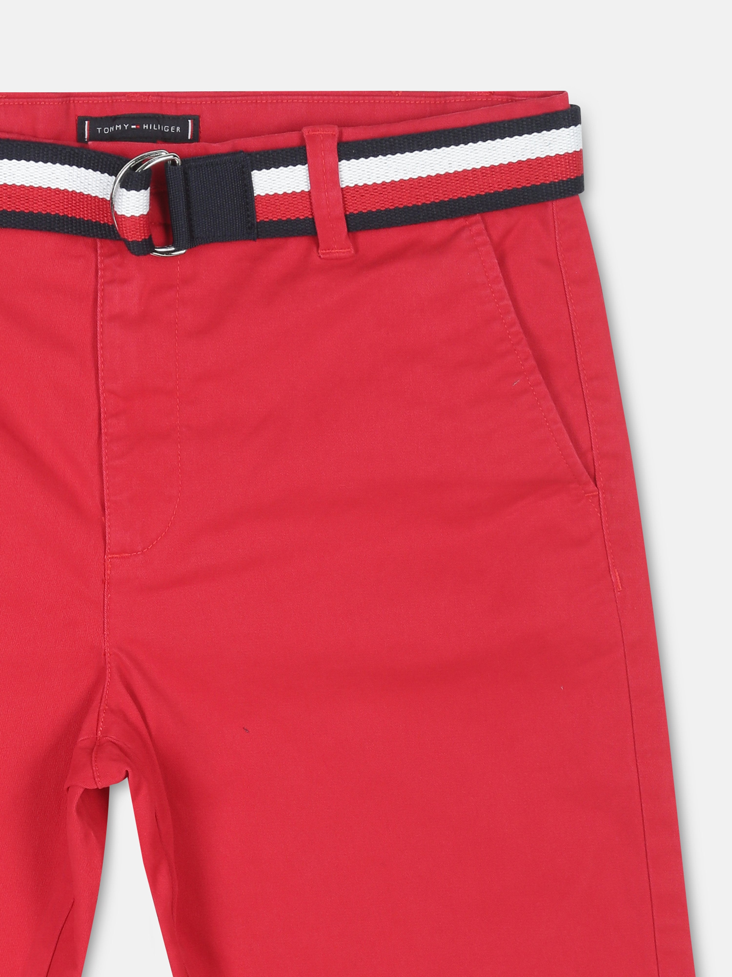 Boys Primary Red Regular Fit Solid Mid Rise Chino Shorts