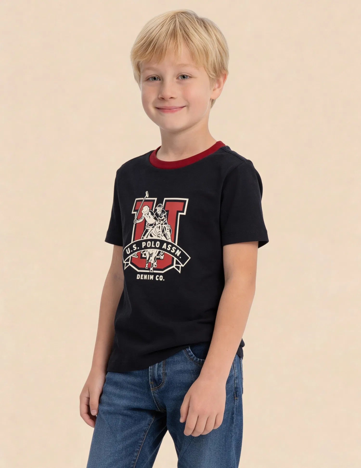 Boys Navy Cotton Brand Printed Regular Fit T-Shirt