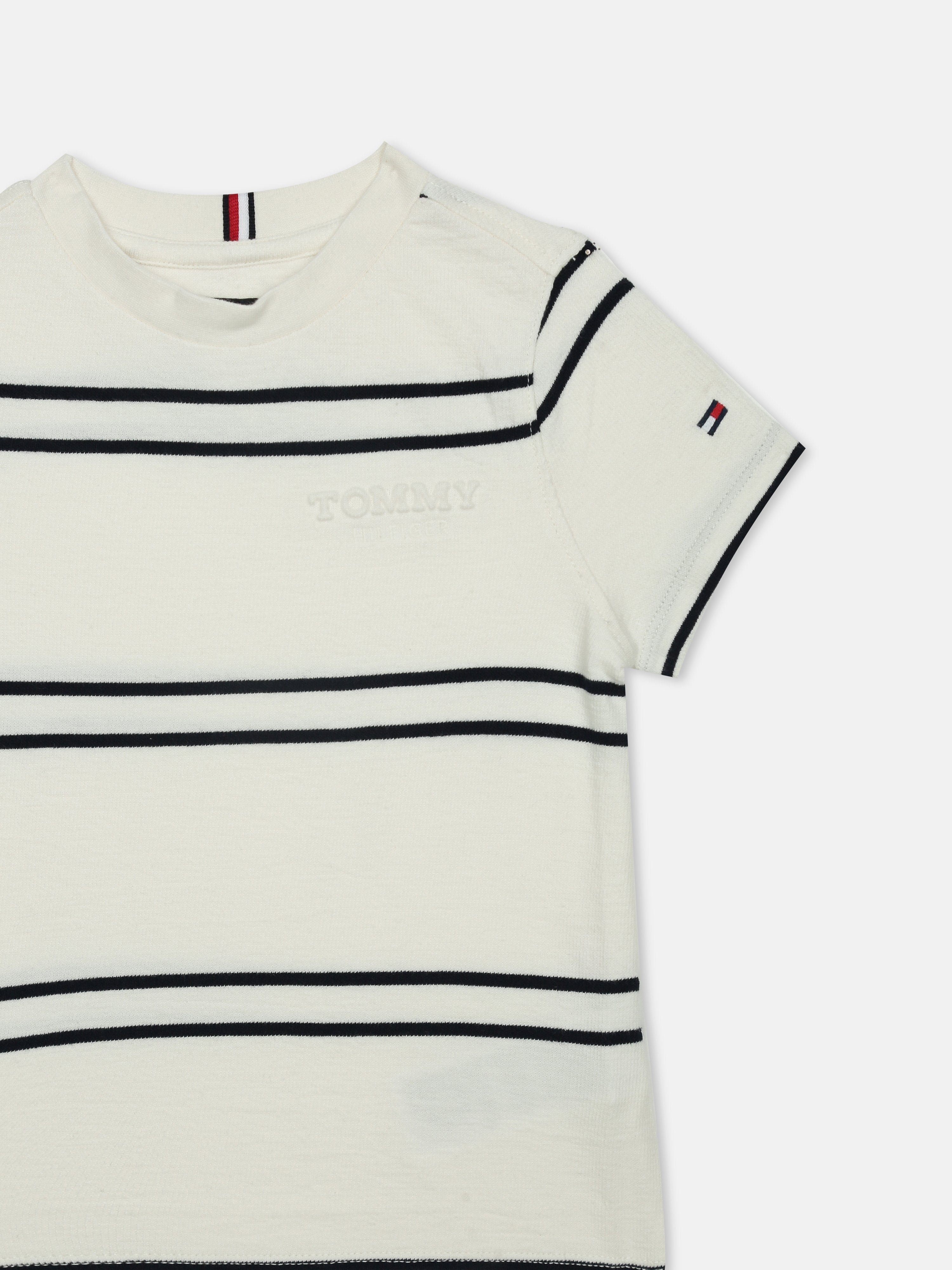 Boys White Striped Crew Neck Regular Fit Cotton Knit Top