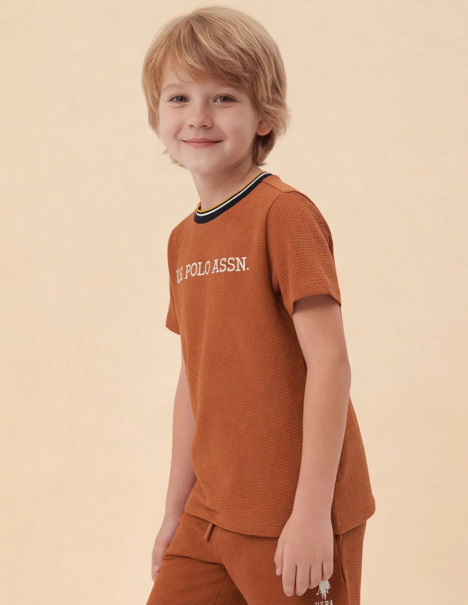Boys Rust Cotton Blend Self Design Regular Fit T-Shirt