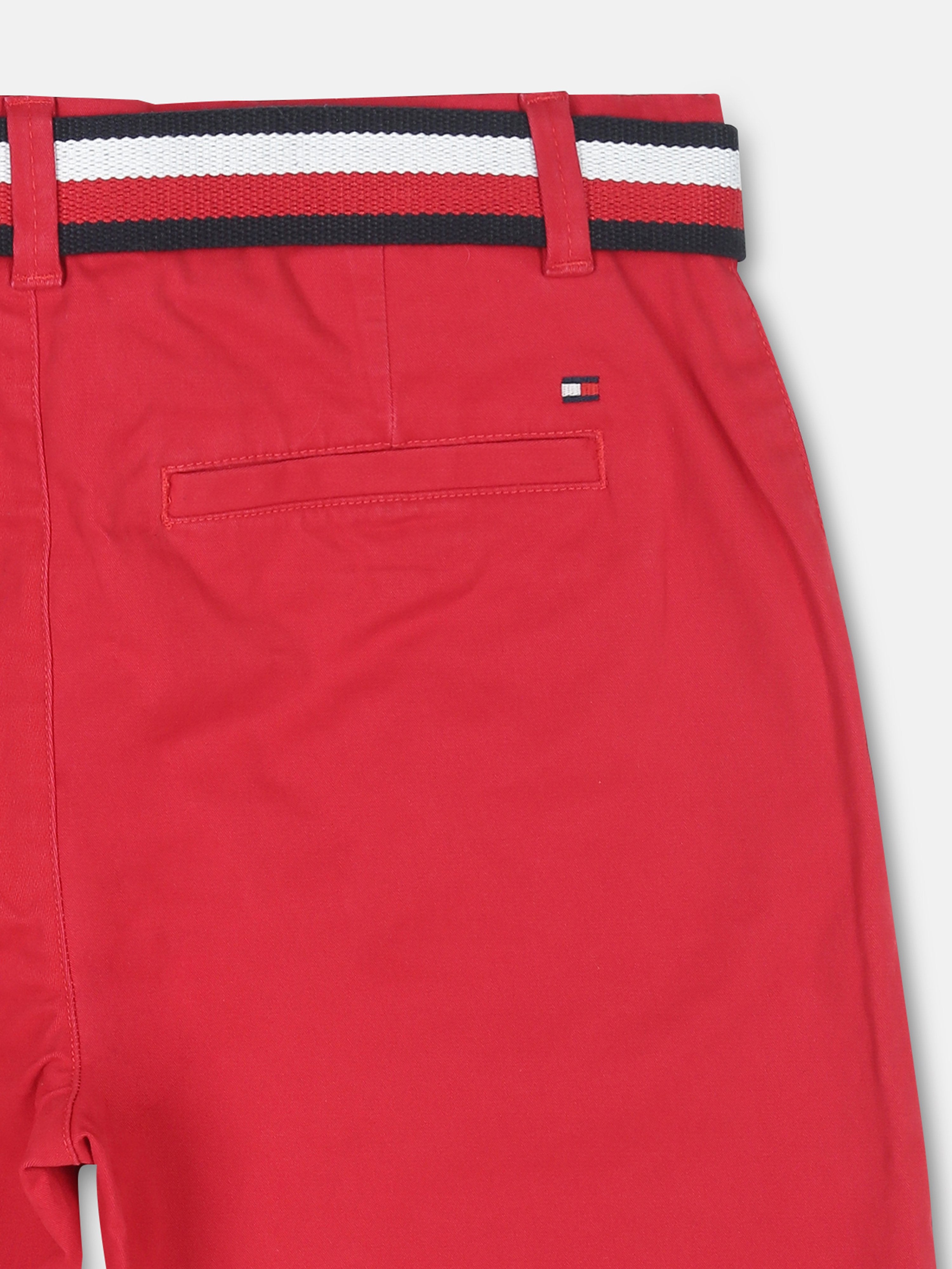 Boys Primary Red Regular Fit Solid Mid Rise Chino Shorts