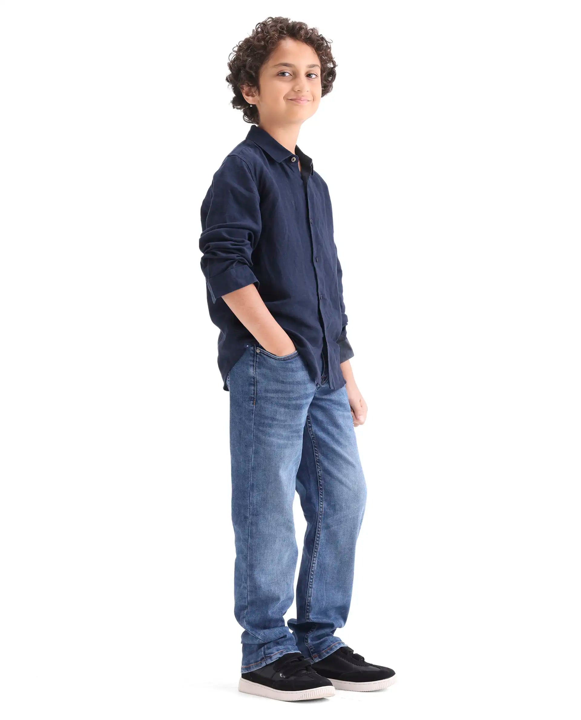 Rare Ones Boys Dino Blue Regular Fit Cotton Blend Denim Pant