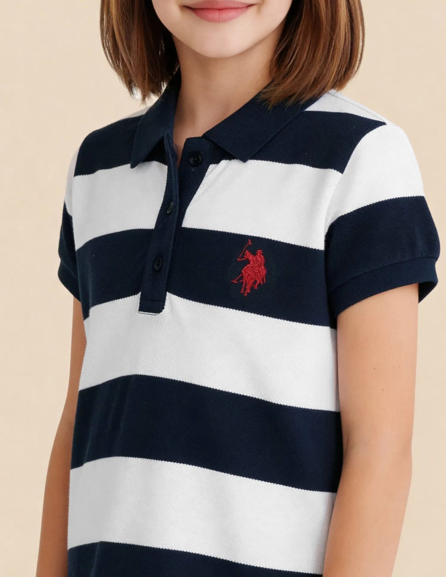 Girls Navy Cotton Horizontal Striped A-Line Polo Dress