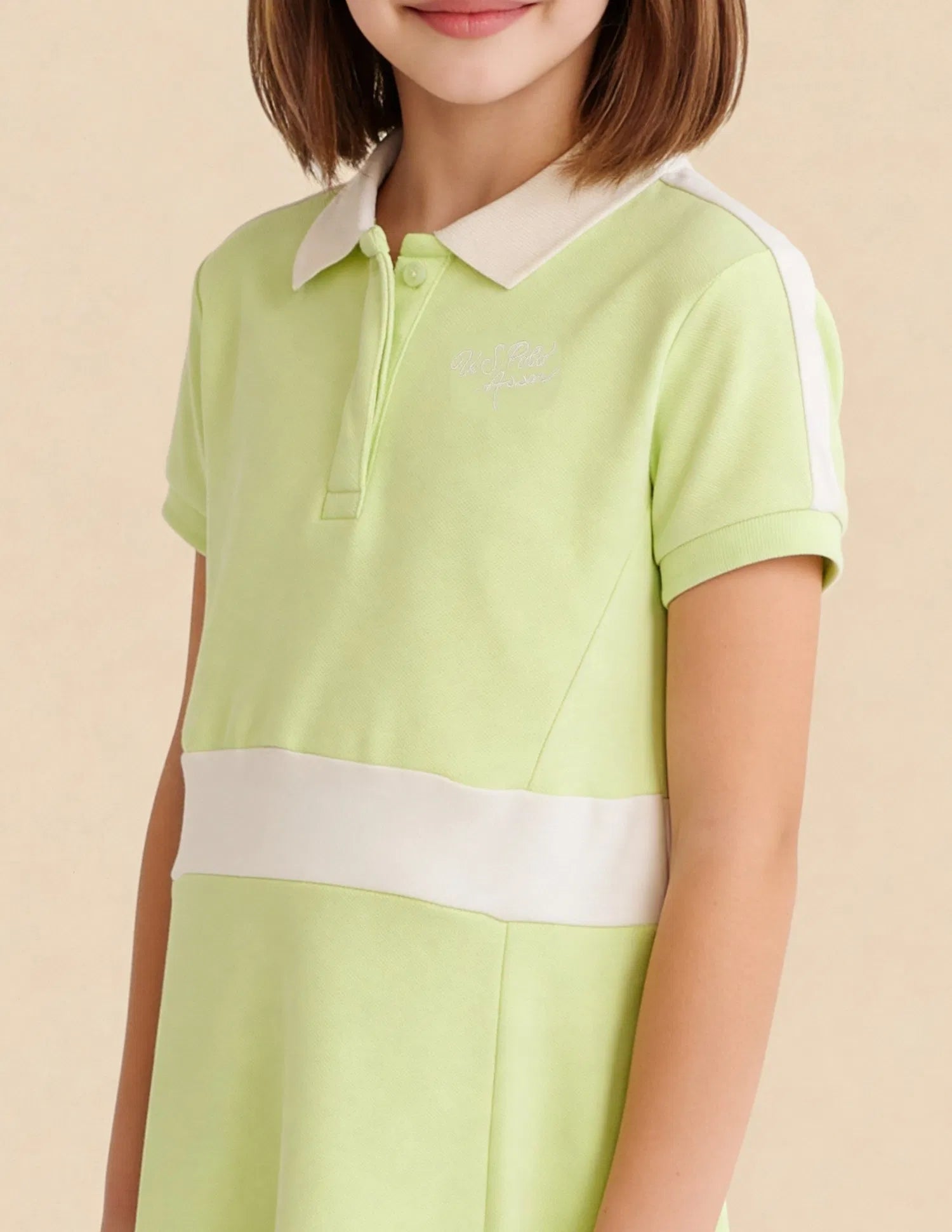 Girls Light Green Cotton Solid A-Line Polo Dress