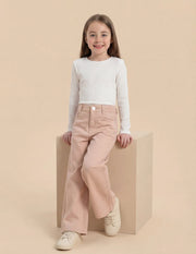 Girls Pink Cotton Mid Rise Wide Leg Jeans