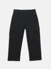 Boys Black Solid Relaxed Fit Casual Cotton Pants