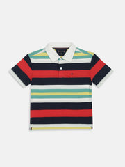 Boys Off White Striped Polo Collar Regular Fit Knit Top