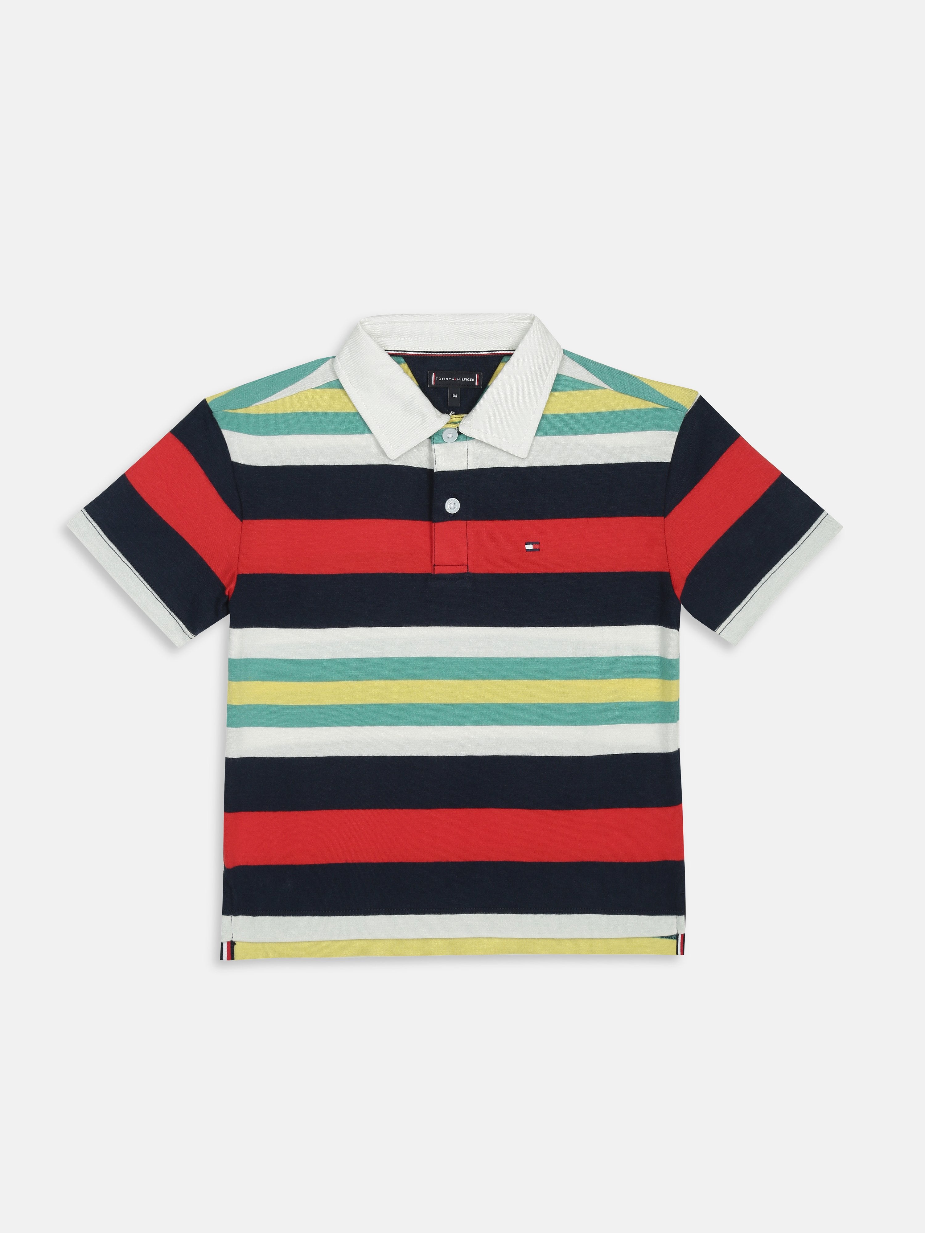 Boys Off White Striped Polo Collar Regular Fit Knit Top