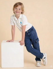 Boys Dark Blue Cotton Relaxed Fit Cargo Jeans