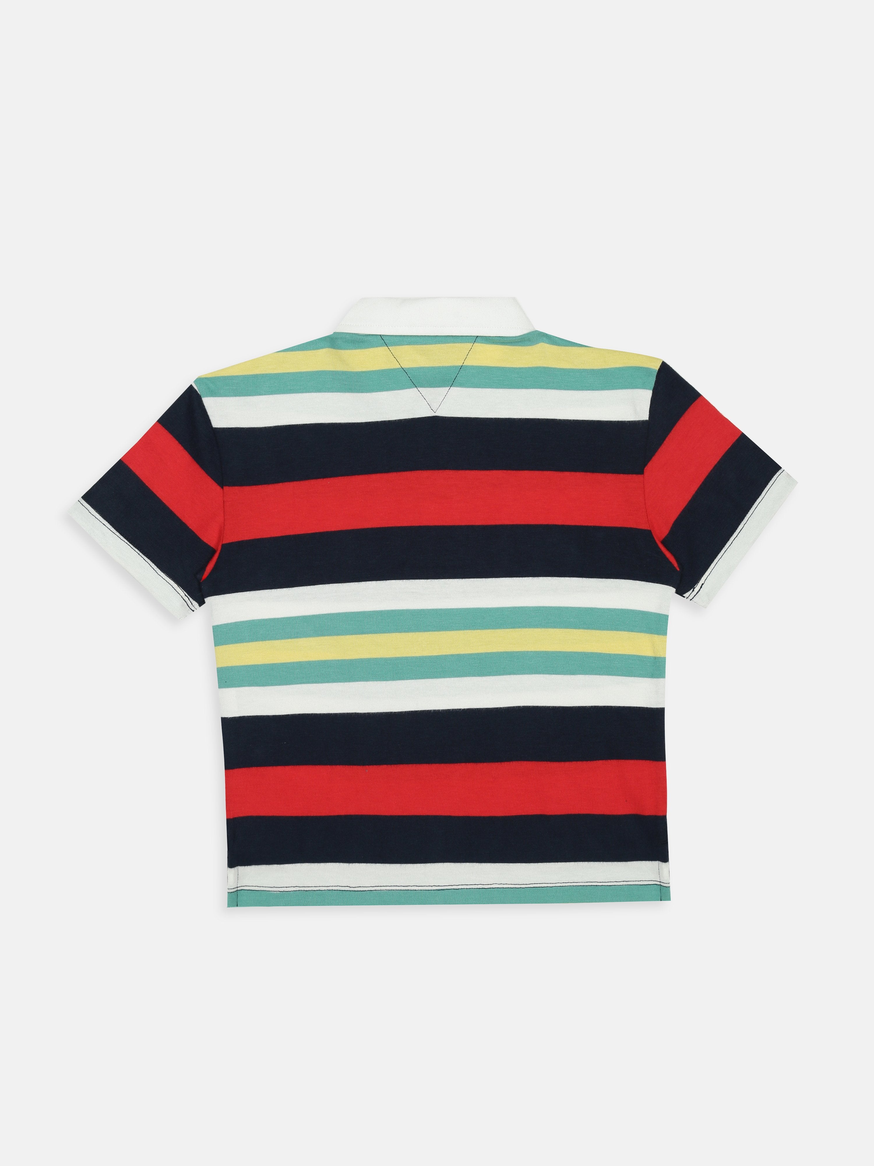 Boys Off White Striped Polo Collar Regular Fit Knit Top