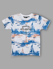 Boys Blue Cotton Stretch Printed Crew Neck T-Shirt