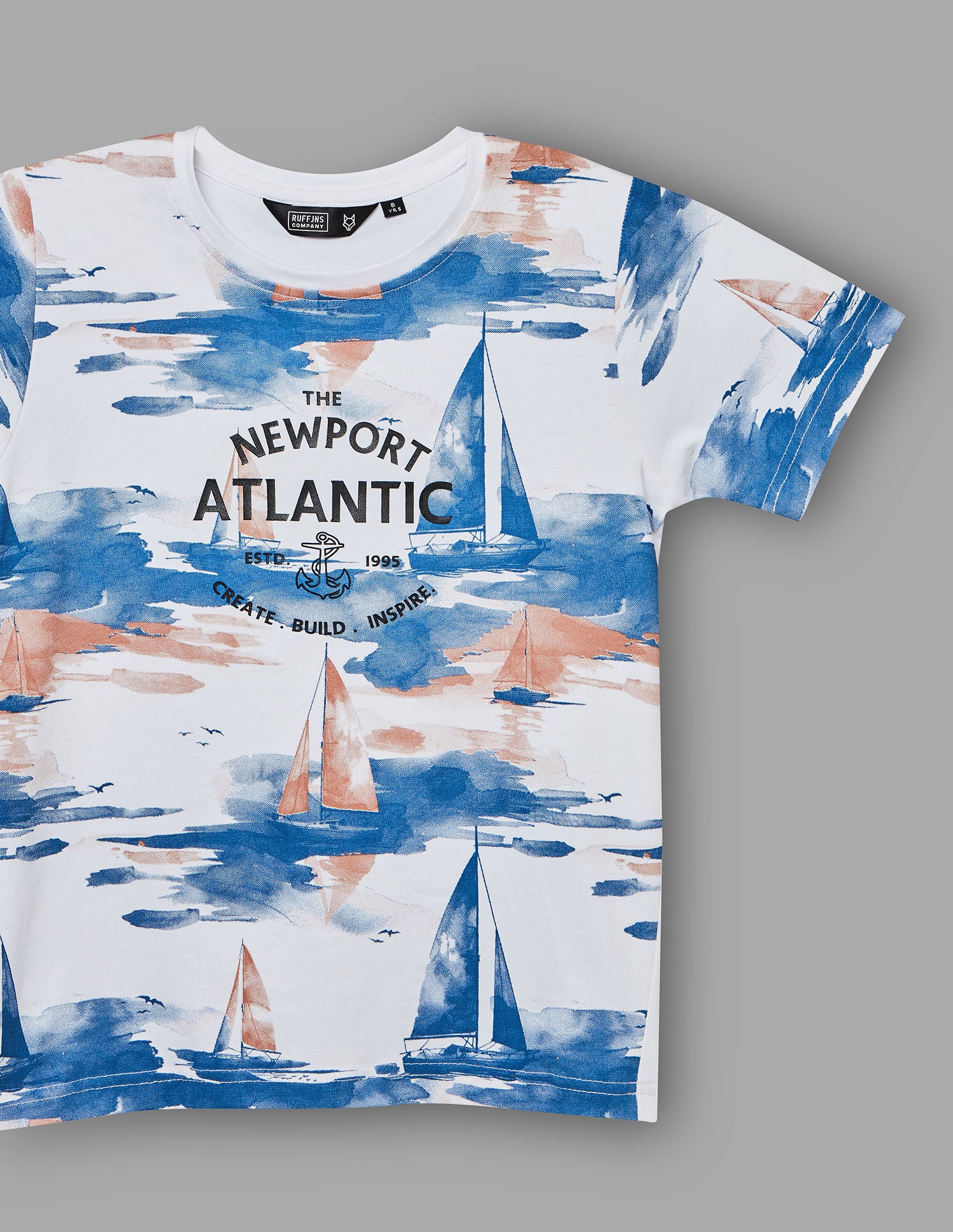 Boys Blue Cotton Stretch Printed Crew Neck T-Shirt