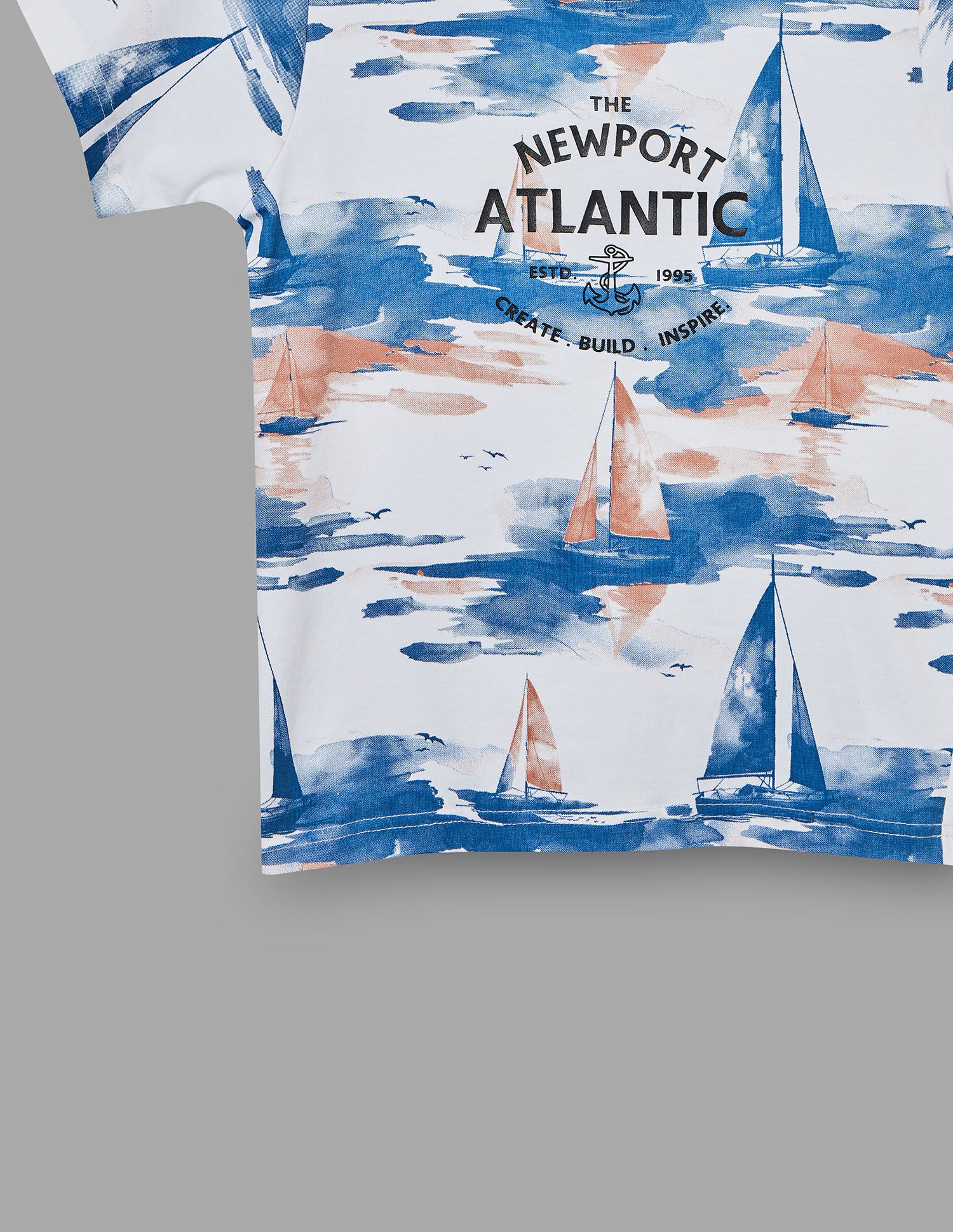Boys Blue Cotton Stretch Printed Crew Neck T-Shirt