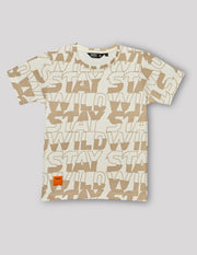 Boys Off White Cotton Stretch Printed Crew Neck T-Shirt