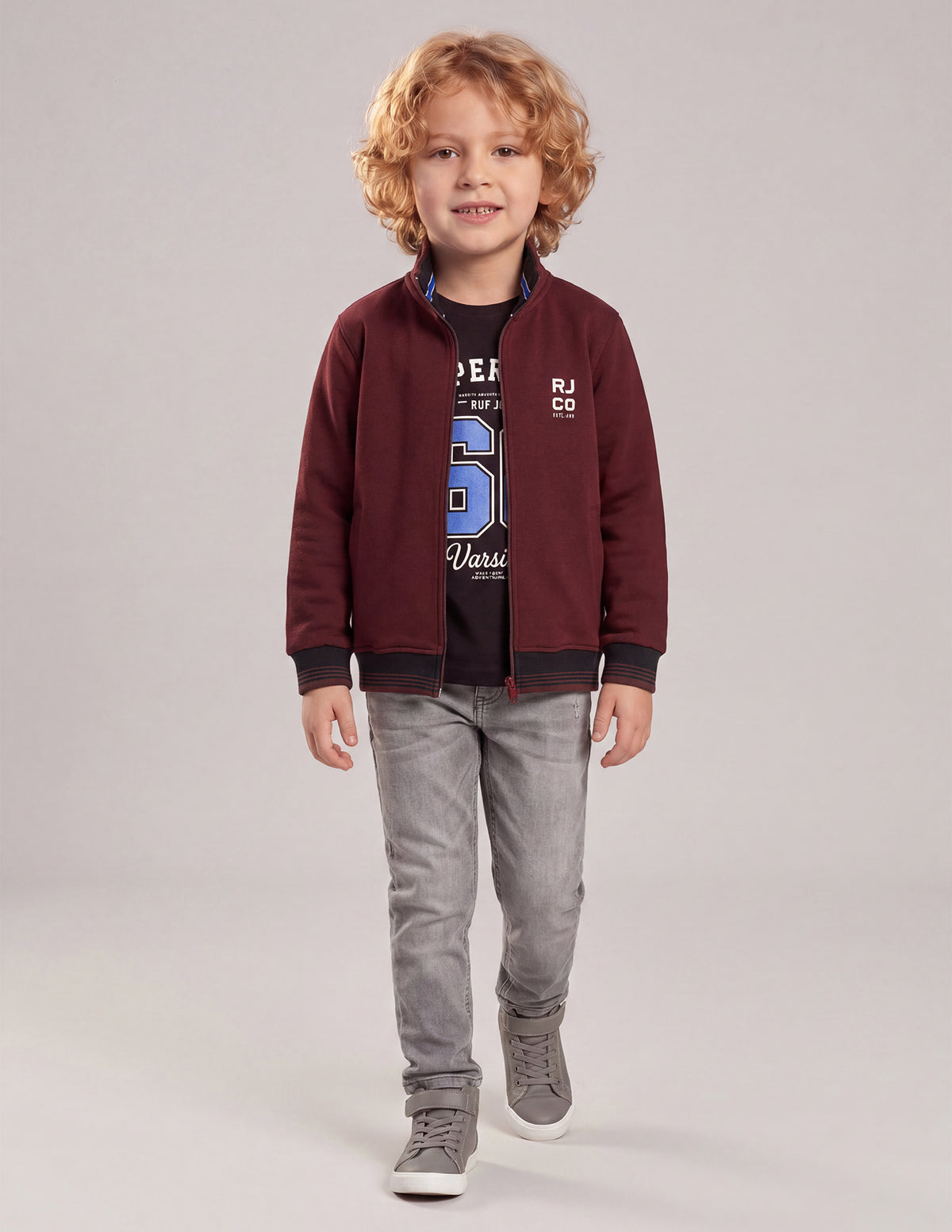 Boys Wine Cotton Blend Crew Neck Zipper T-Shirt