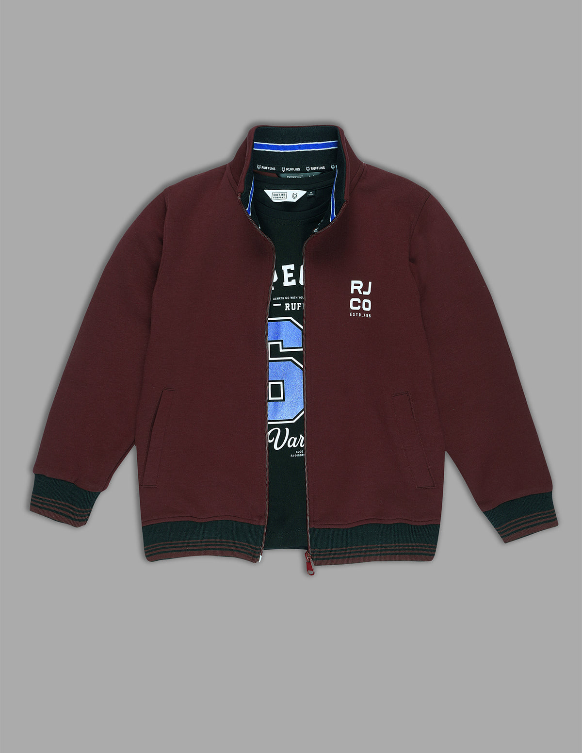 Boys Wine Cotton Blend Crew Neck Zipper T-Shirt