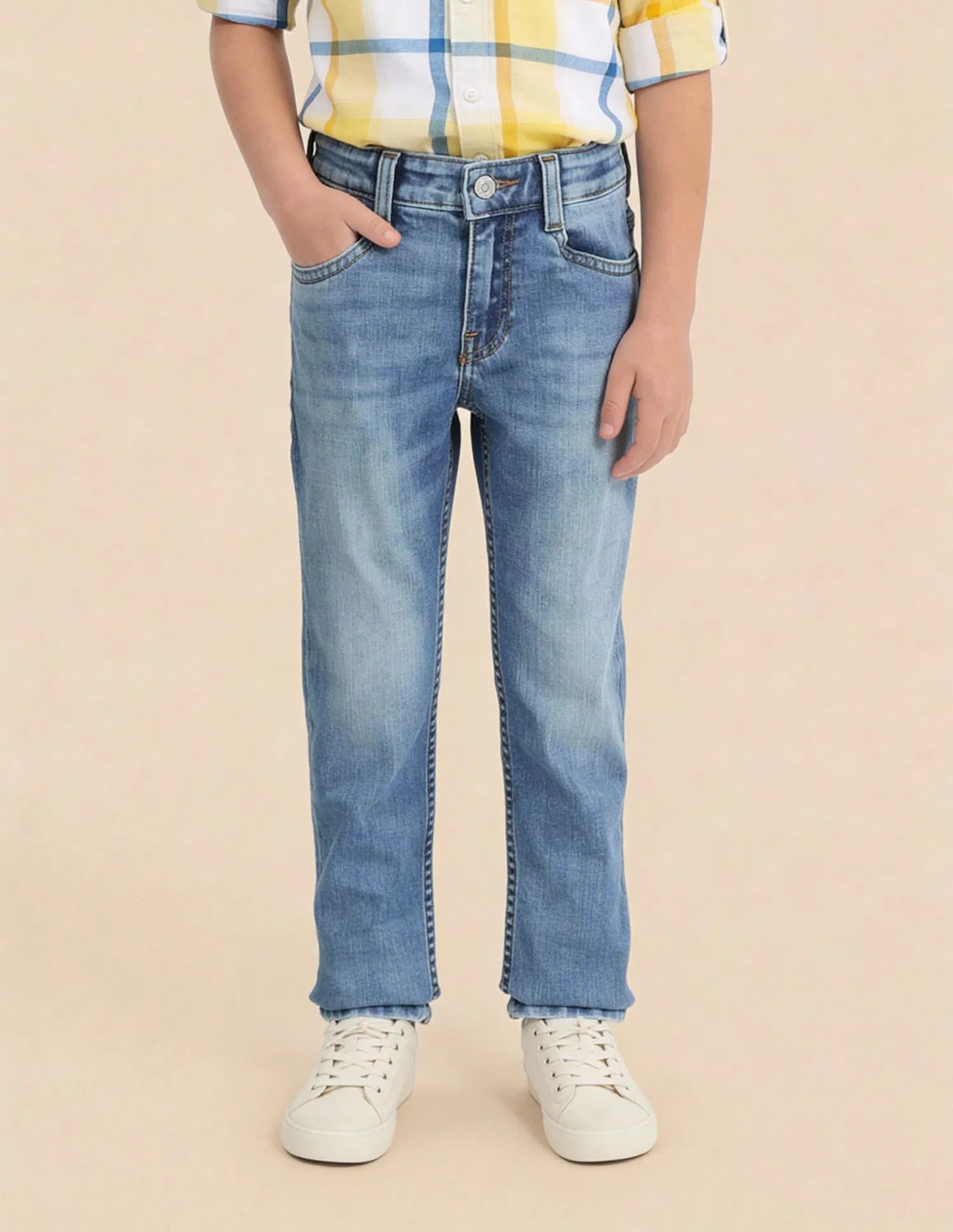 Boys Light Blue Cotton Whiskered Slim Fit Jeans