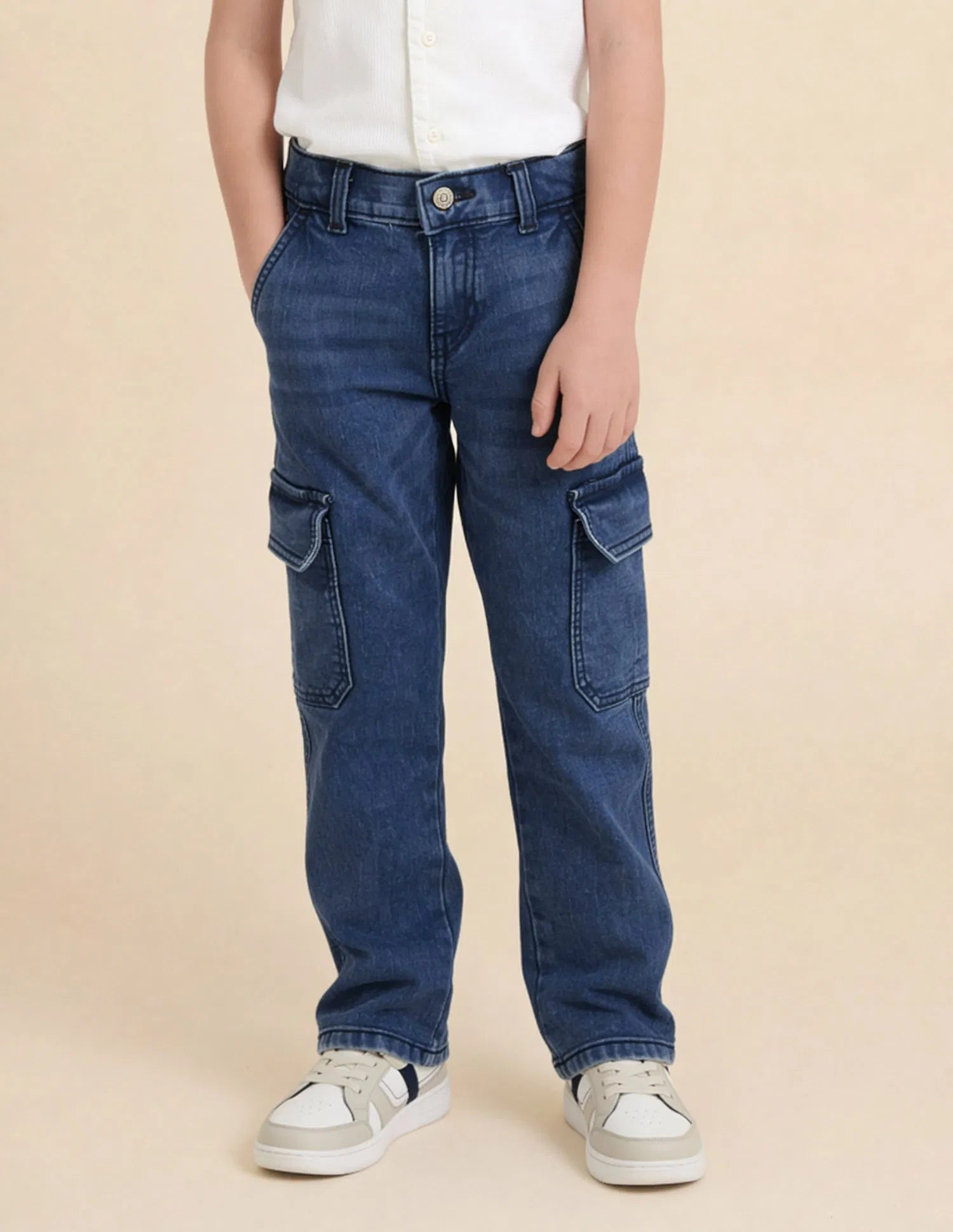 Boys Dark Blue Cotton Relaxed Fit Cargo Jeans