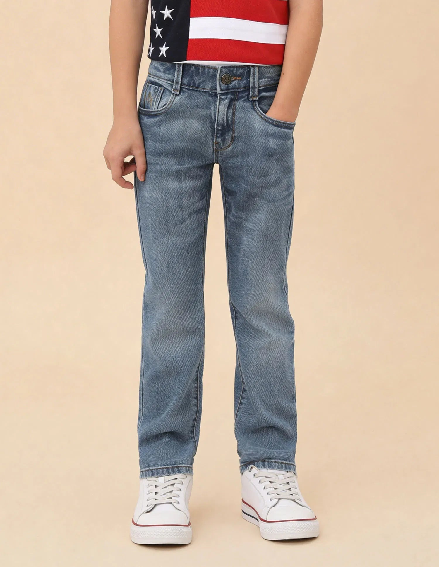 Boys Light Blue Cotton Blend Whiskered Relaxed Fit Jeans