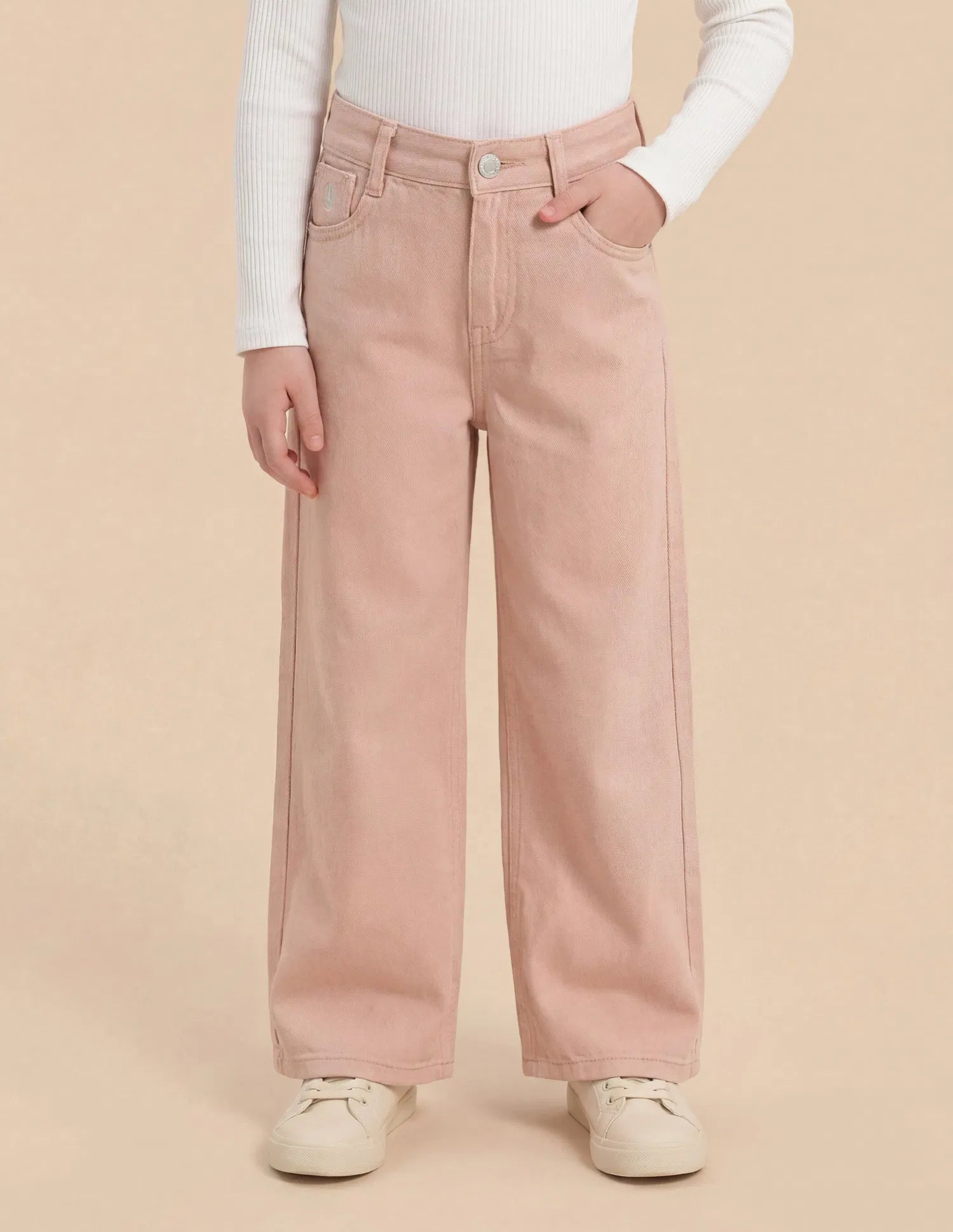 Girls Pink Cotton Mid Rise Wide Leg Jeans