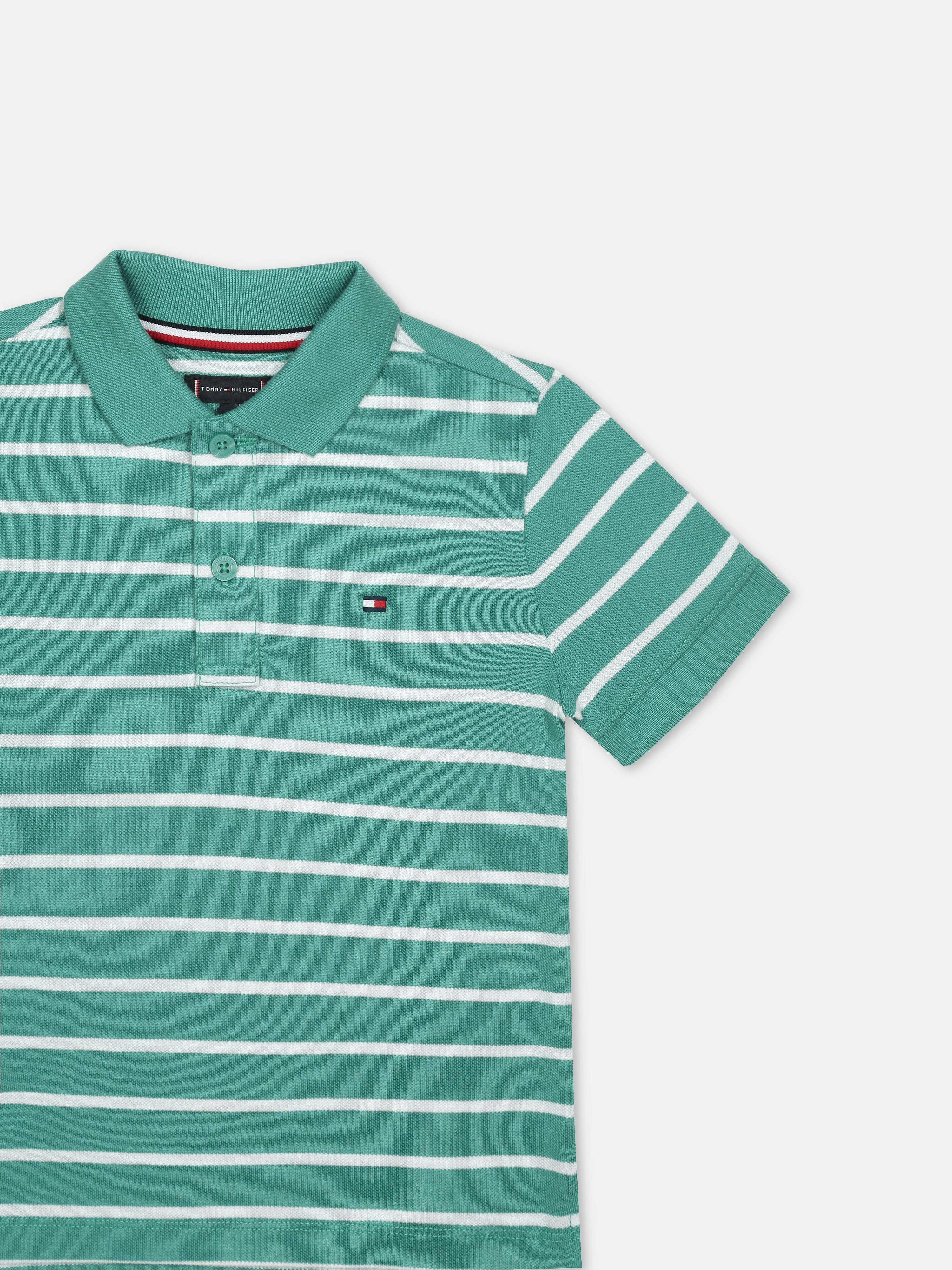 Boys Green Striped Polo Collar Regular Fit Cotton Knit Top