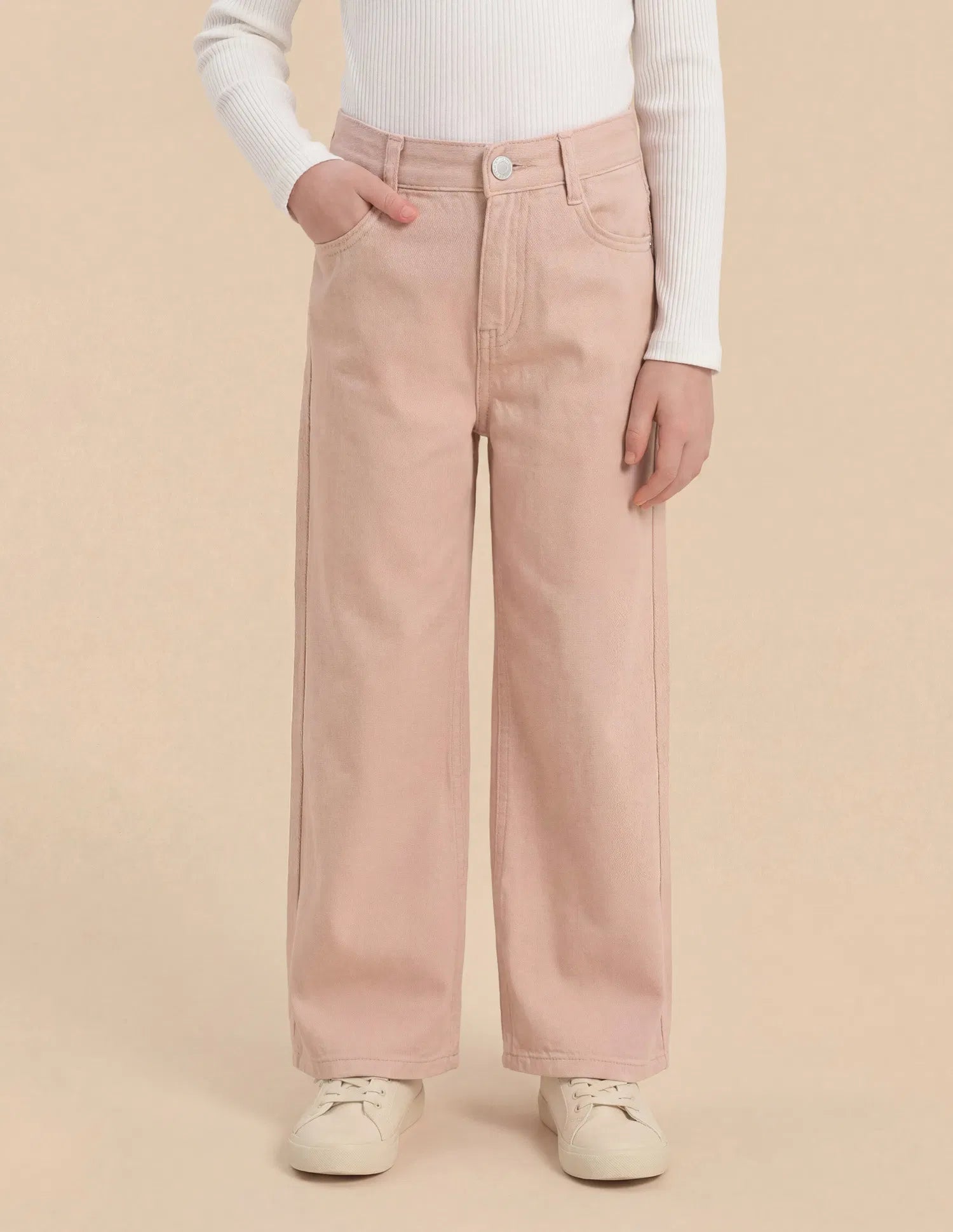 Girls Pink Cotton Mid Rise Wide Leg Jeans