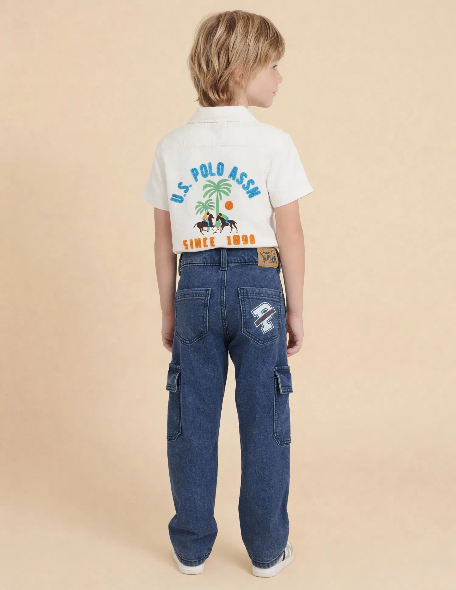 Boys Dark Blue Cotton Relaxed Fit Cargo Jeans