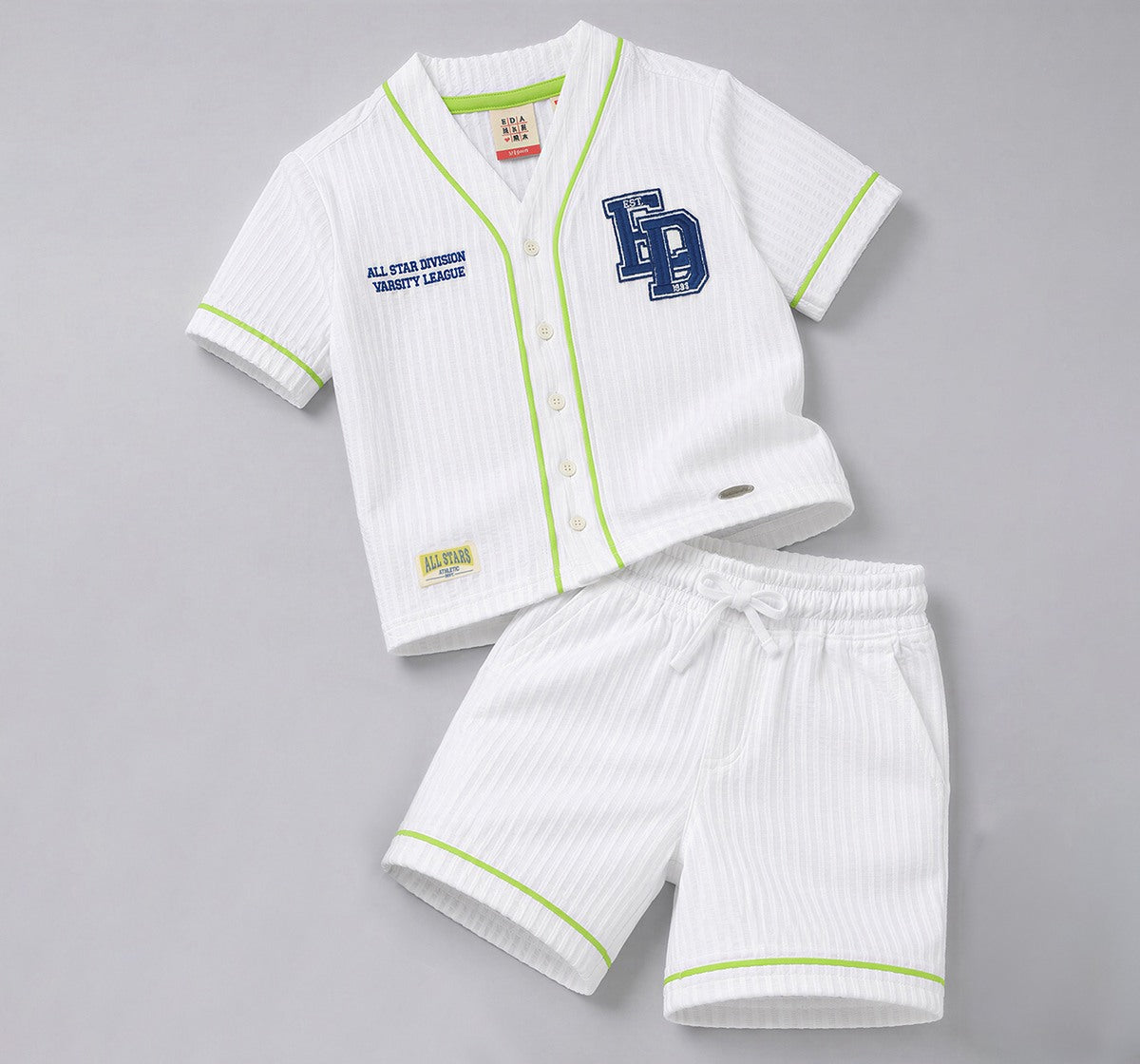 Boys White Seersucker Varsity Shirt and Shorts Co-ord Set
