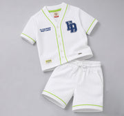 Boys White Seersucker Varsity Shirt and Shorts Co-ord Set