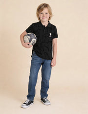 Boys Black Cotton Graphic Print Regular Fit Polo Shirt