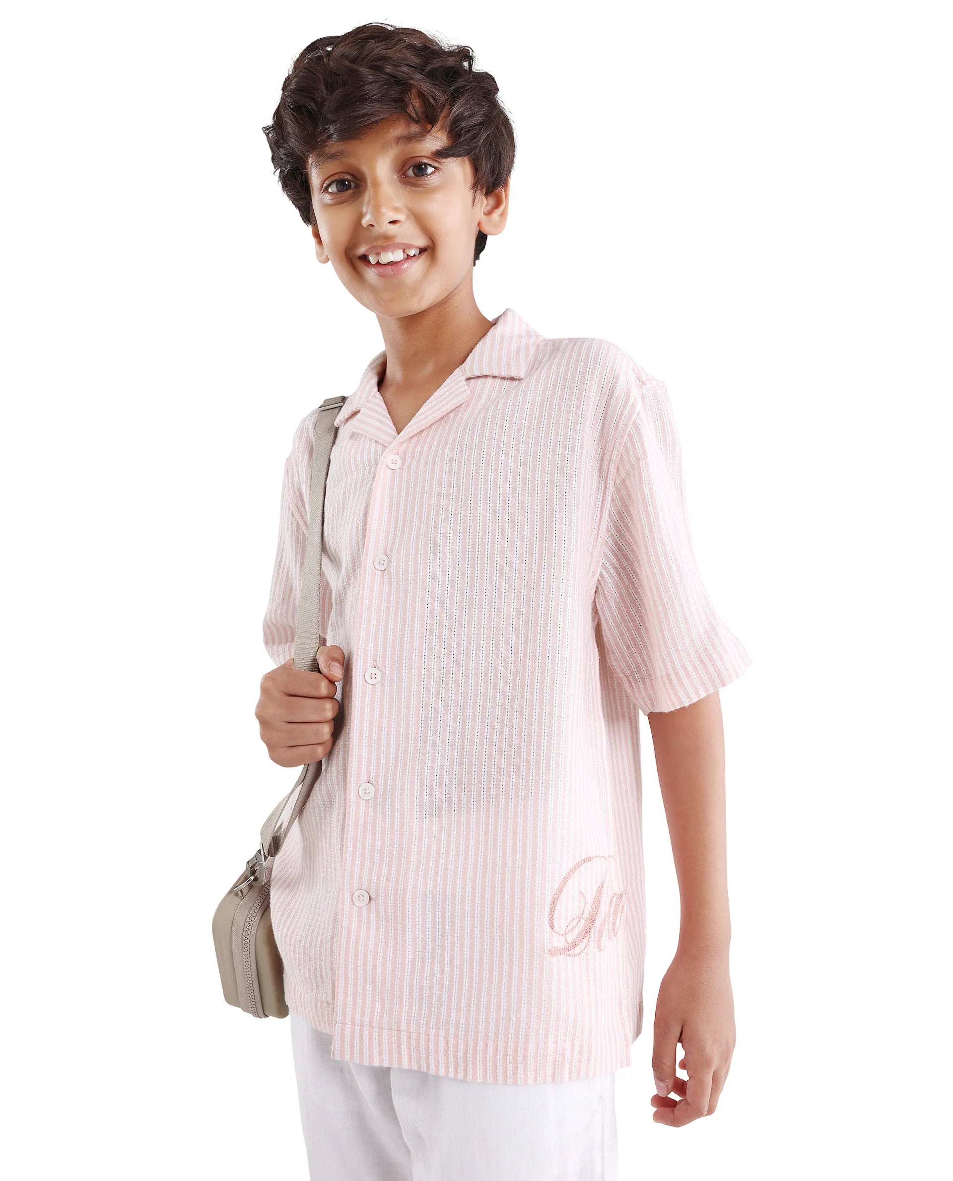 Boys Pastel Pink Cotton Linen Boxy Fit Shirt