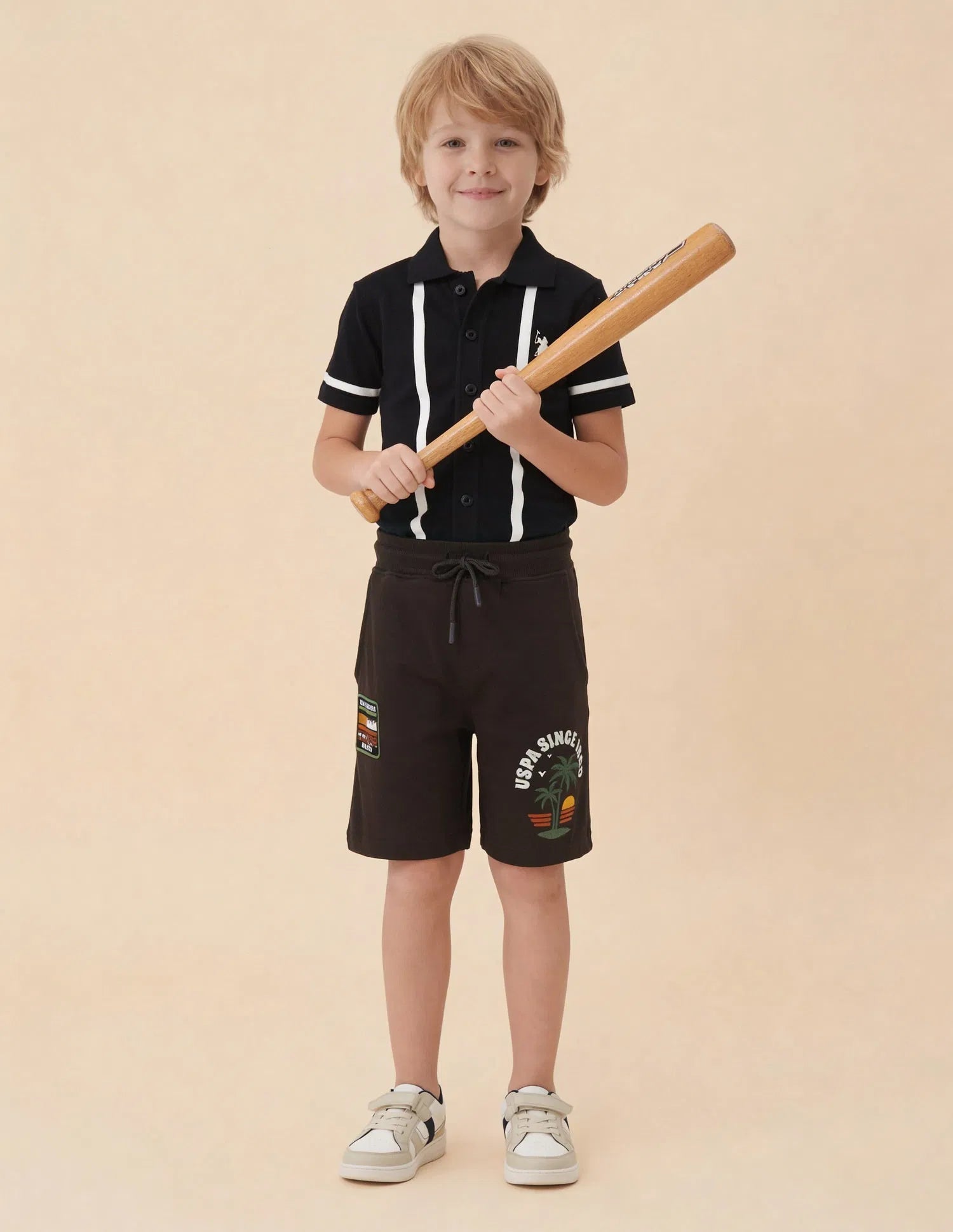 Boys Dark Brown Cotton Logo Printed Shorts Regular Fit