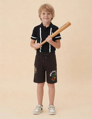 Boys Dark Brown Cotton Logo Printed Shorts Regular Fit