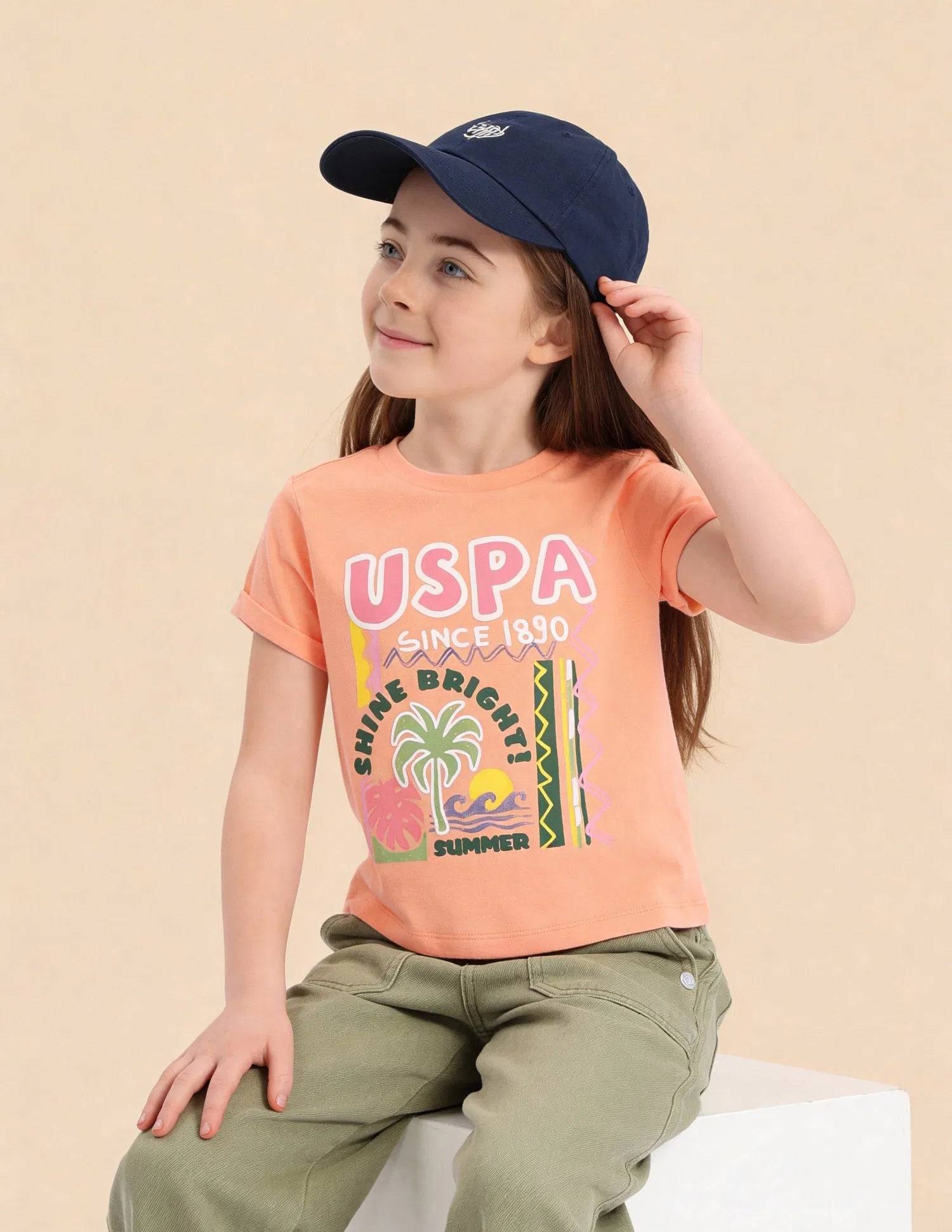 Girls Orange Cotton Graphic Brand Printed Top