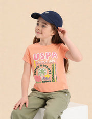 Girls Orange Cotton Graphic Brand Printed Top