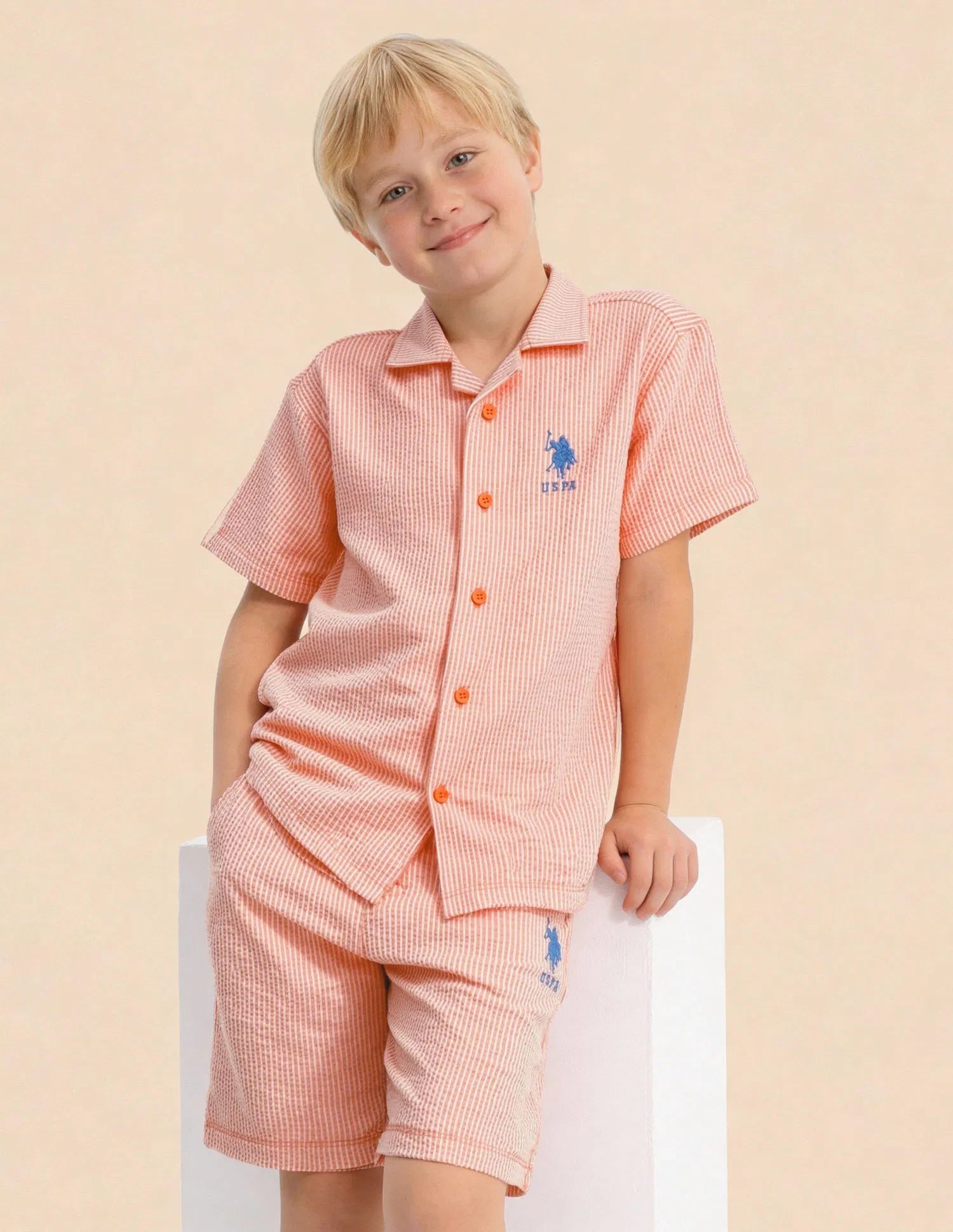 Boys Orange Vertical Striped Seersucker Shirt – Regular Fit