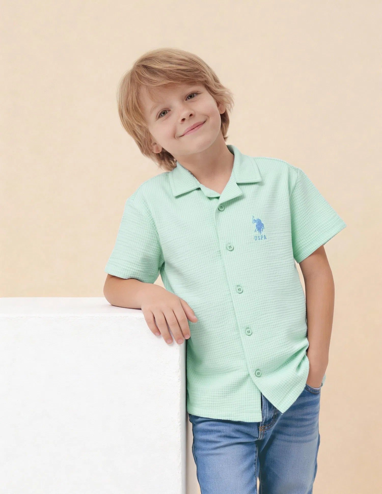 Boys Light Green Vertical Striped Seersucker Shirt – Regular Fit