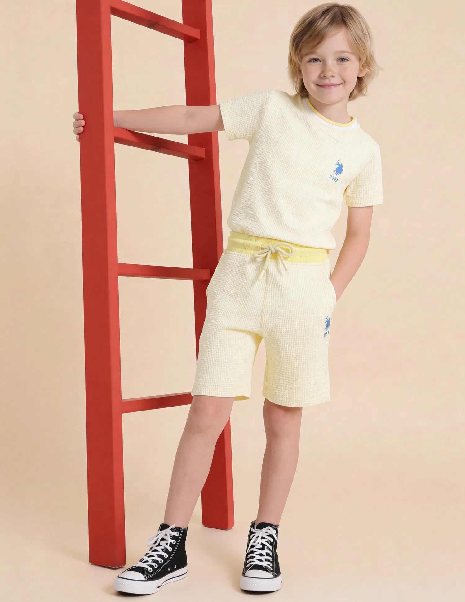 Boys Light Yellow Textured Cotton Blend Shorts Regular Fit