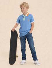 Boys Blue Cotton Solid Regular Fit Polo Shirt