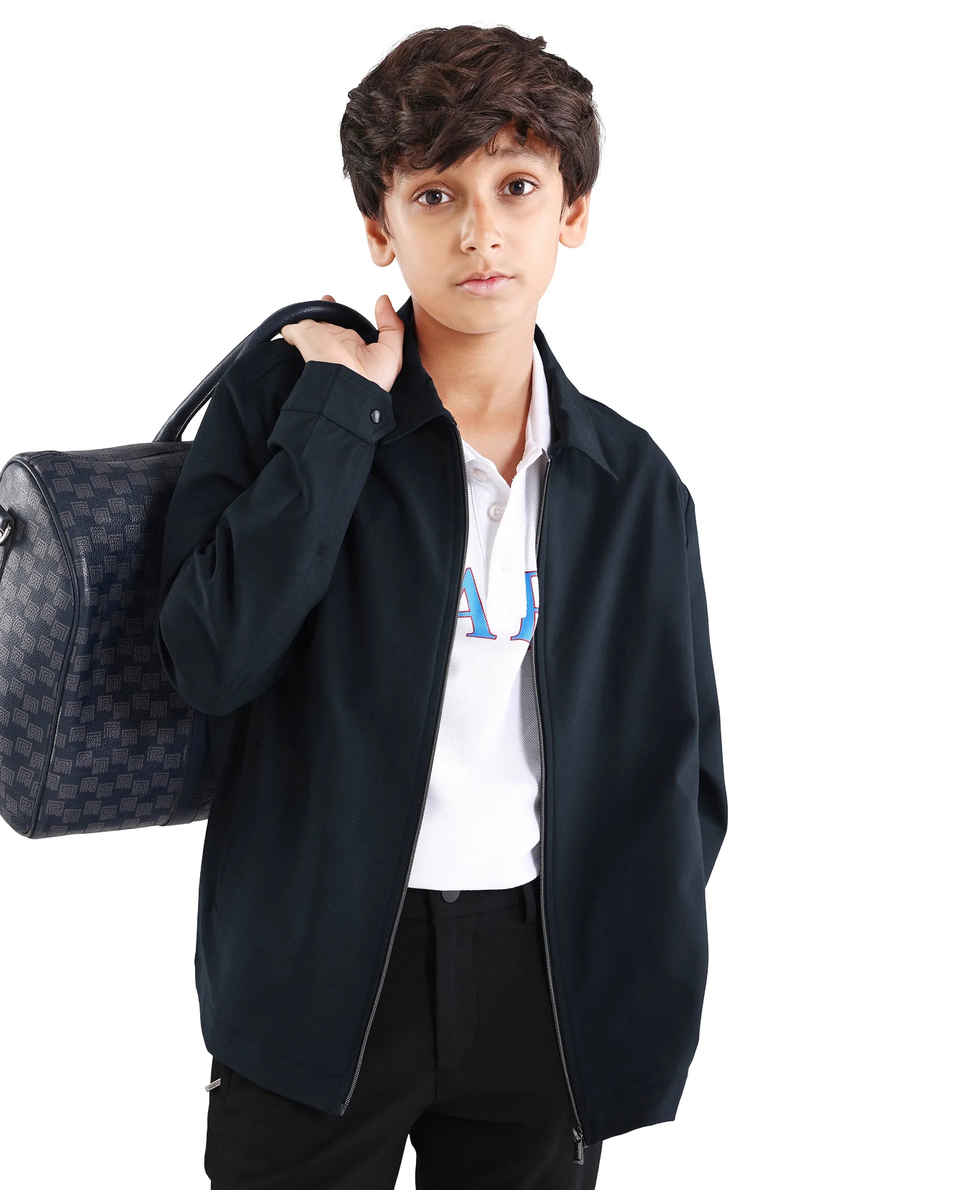 Boys Navy Viscose Blend Zipper Shacket