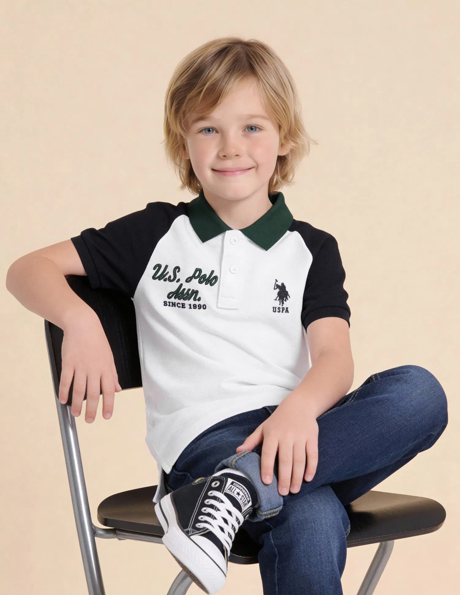 Boys White Colour Block Cotton Polo Shirt