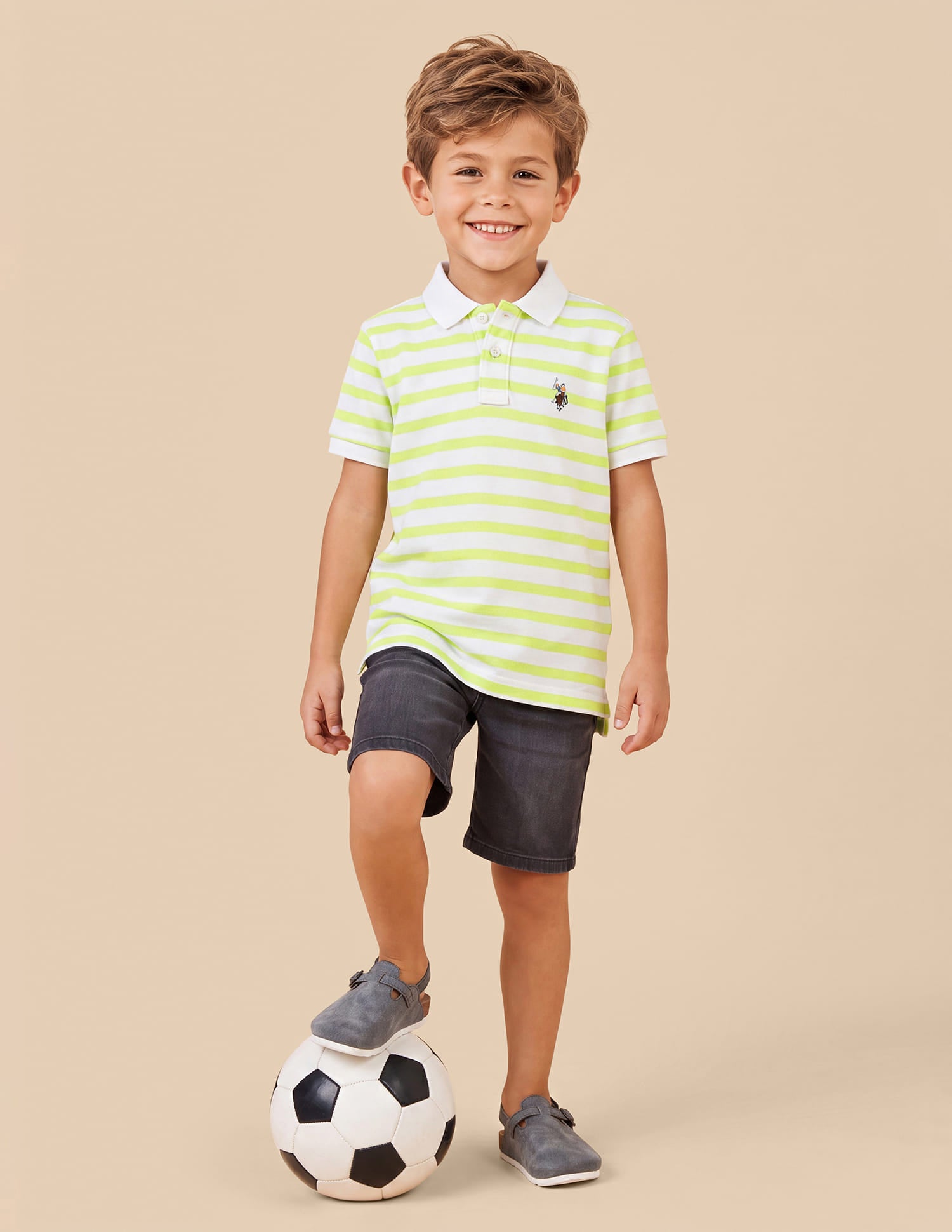 Boys Light Yellow Horizontal Striped Regular-Fit Cotton Elastane Polo Shirt