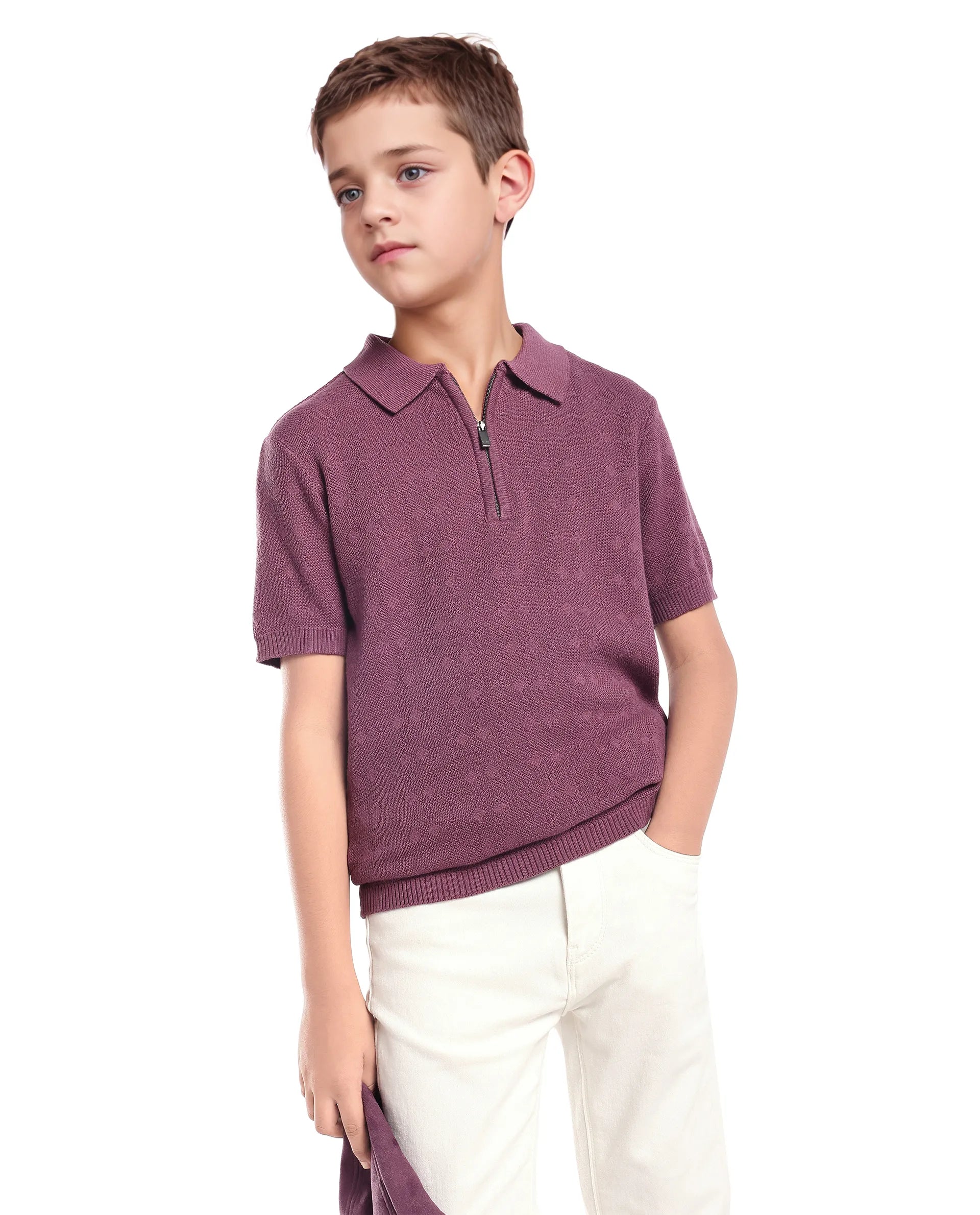 Boys Jacquard Zipper Polo in Dusky Purple