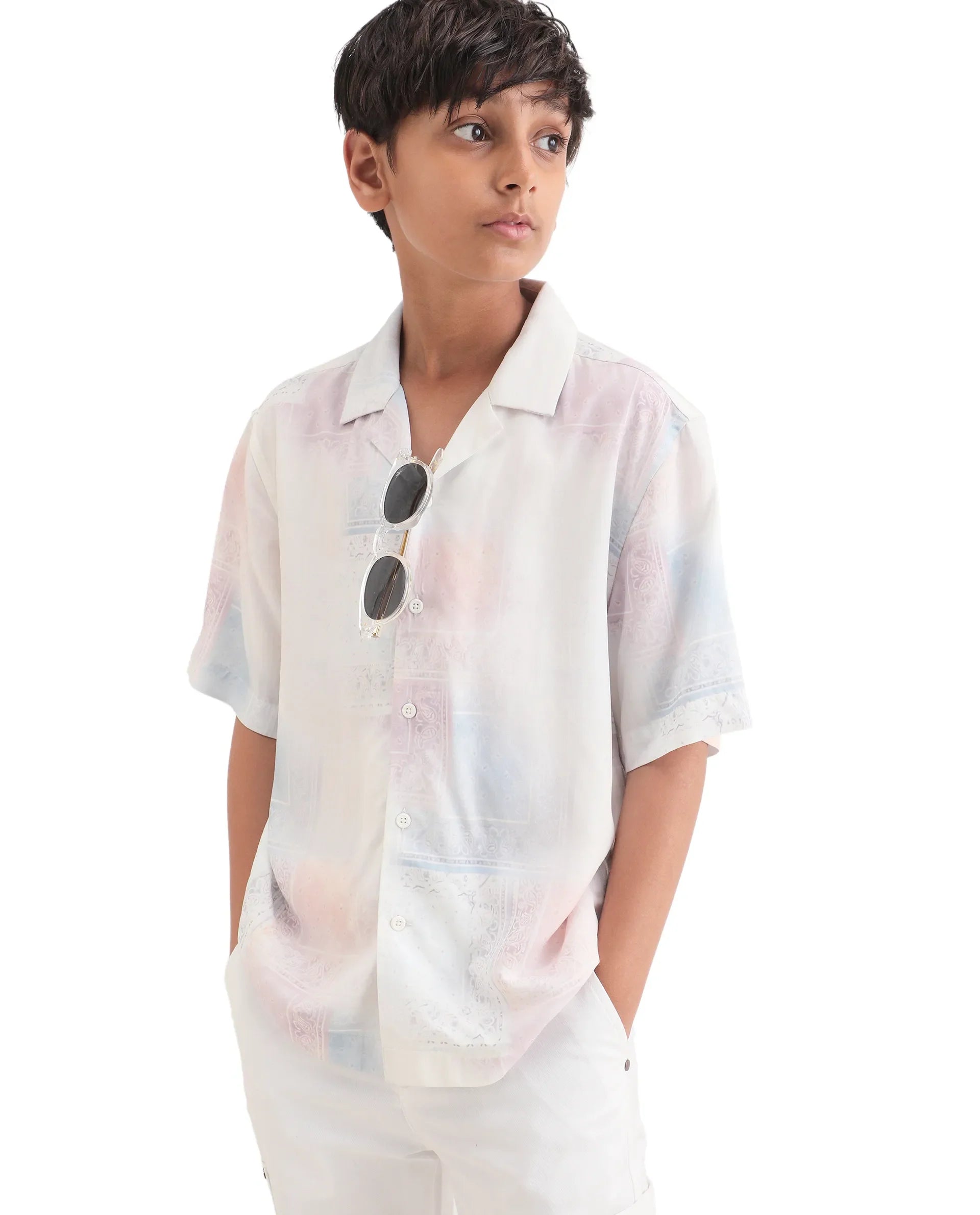 Boys Off White Boxy Fit Viscose Shirt