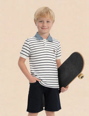 Boys Off White Cotton Horizontal Striped Regular Fit Polo Shirt