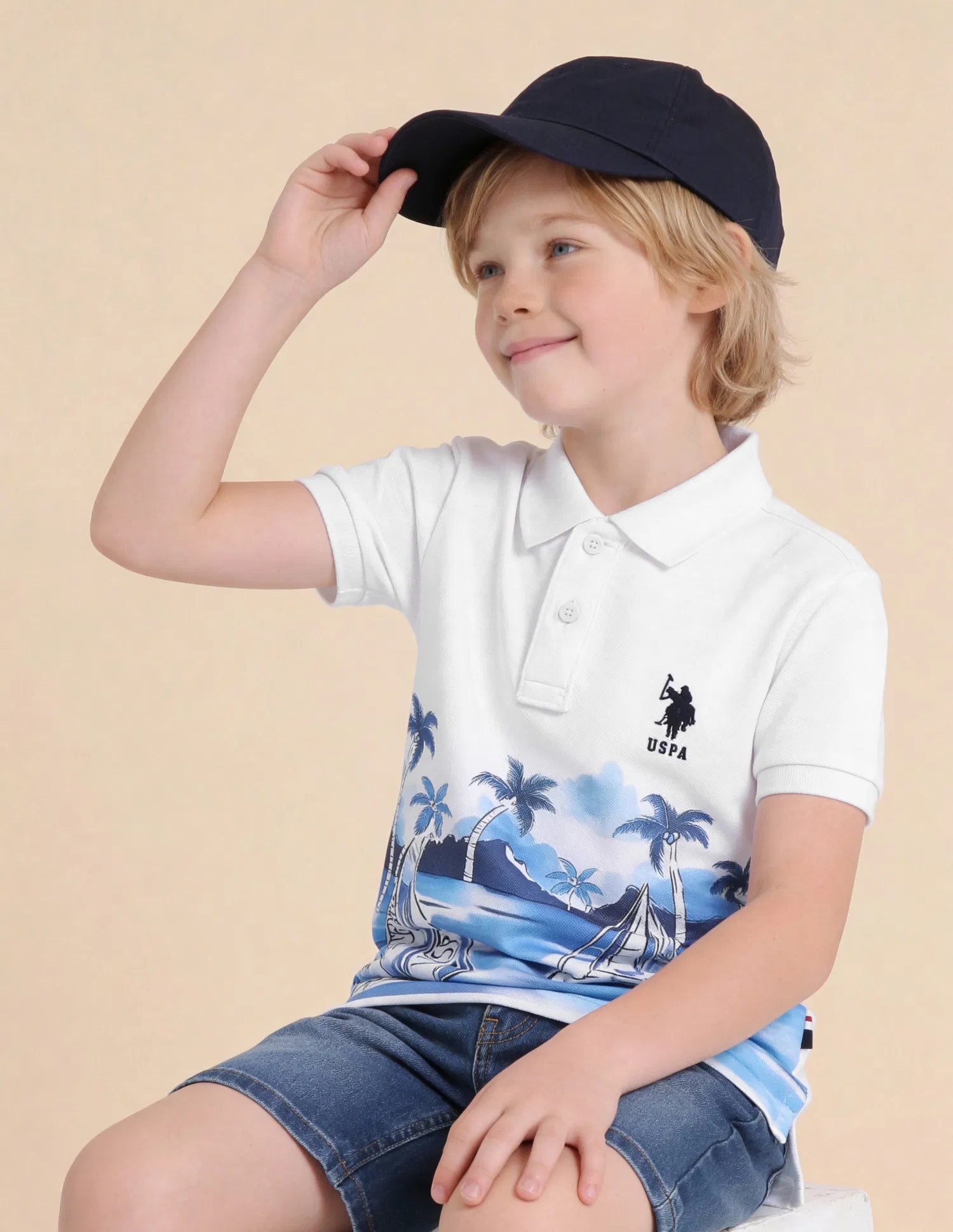 Boys White Cotton Graphic Print Regular Fit Polo Shirt