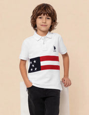 Boys White Cotton Graphic Print Regular Fit Polo Shirt